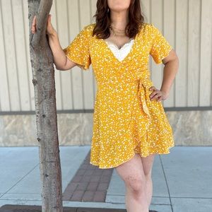 Yellow Floral Print Wrap Dress